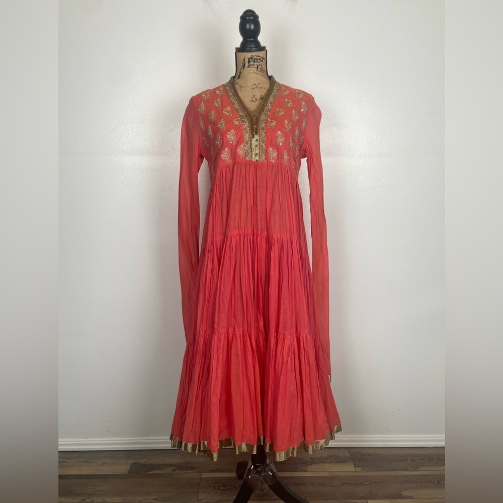Biba Embellished Gold Embroidery Indian Kurta Maxi Dress 36 Pink Kaftan‎ Gipsy